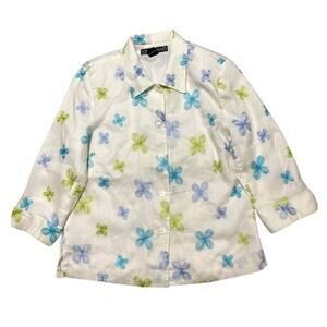 Silkland Embordered Green/Blue Linen White Button-Down Jacket Size 14